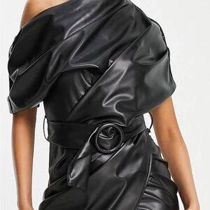 Black Asymmetrical One Shoulder Puff Sleeve Dress, in good quality and worn once